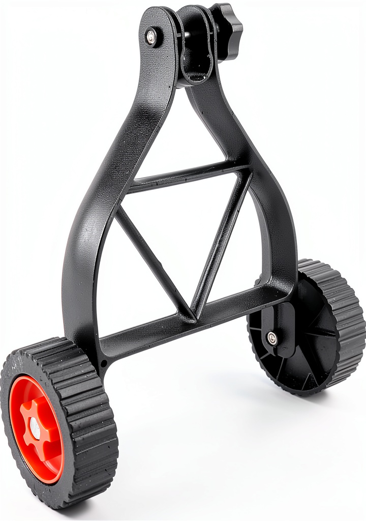 Luqeeg Support Wheel attached to a grass trimmer in a garden setting